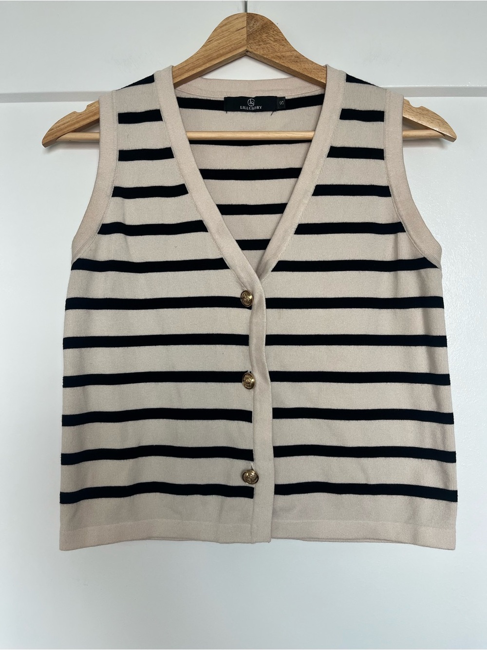 LILLUSORY Black Cream Striped Gold Button Sweater Vest Size Small